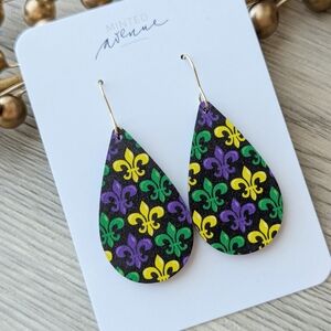 Mardi Gras Print Wooden Earrings, Teardrop Shape, Handmade